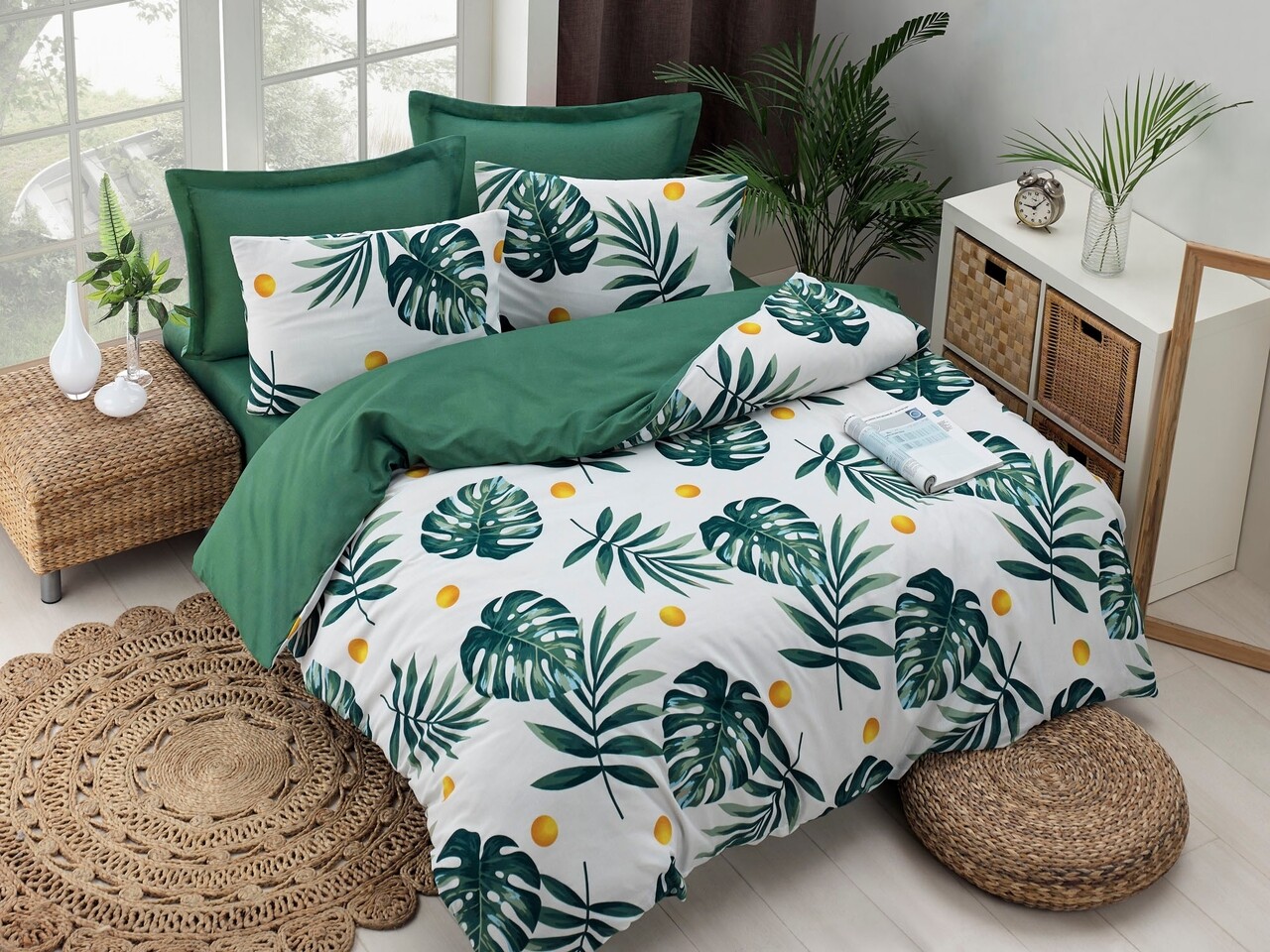 Lenjerie de pat dubla King, 3 piese, 220x240 cm, amestec bumbac, EnLora Home, Monstera, verde - imagine 3